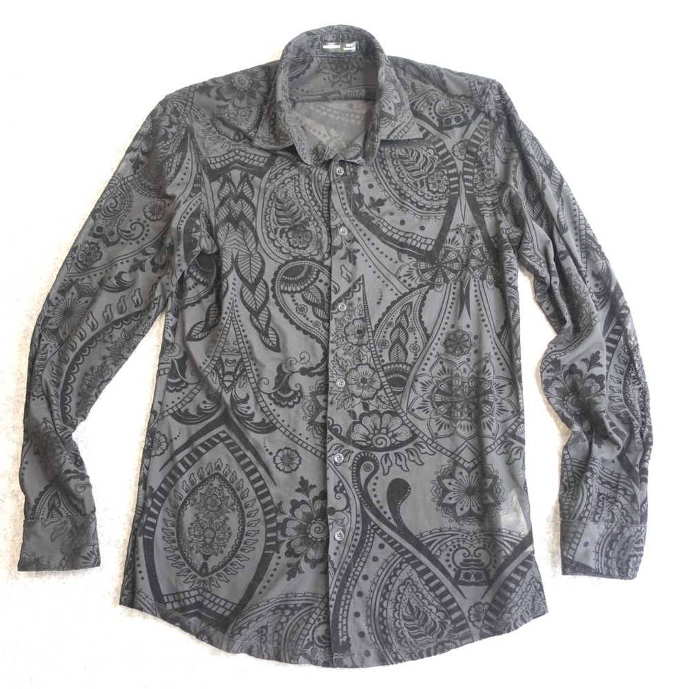 Mens Velvet Burnout Black Sheer Paisley Button Up Shirt Med Goth Club Going Out
